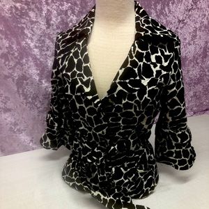 Talie Black and Cream Animal Print Single Breasted Belted Jacket Size Medium